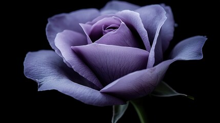   A zoomed-in photo of a dark purple rose against a black backdrop, featuring an out-of-focus image of the flower's heart