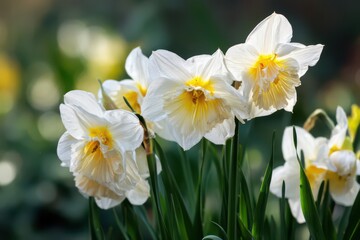 A close-up of white daffodils with yellow center blossoms, set against a blurred background