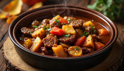 hearty bowl of hunter's stew with rich colors and textures, rustic kitchen setting with wooden table, evening indoor light with warm and cozy ambiance, overhead view focusing on the stew
