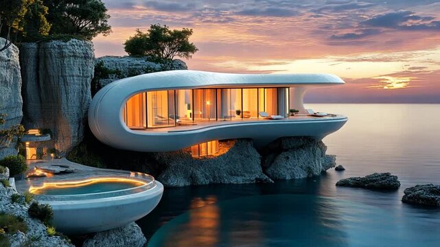 Modern seaside house on cliff, sunset view, luxury vacation