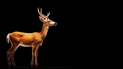   A deer stands in the dark with its head turned to the side