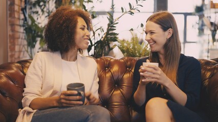 Female colleagues enjoying conversation in coffee shop during break, friendly meeting