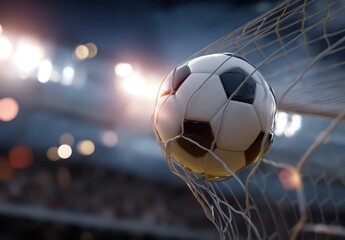 A soccer ball flies into the goal, a close-up of a football in the net against a stadium background with lights