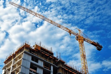 Urban Hotel Construction: Crane Overlooking Apartment Building Development Under Blue Sky