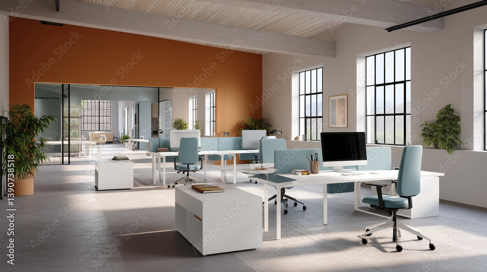 Poster modern office interior showcasing workspace design, featuring white desks, teal chairs, and large wi