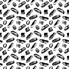 Bakery background with bread drawing pattern. Vector brown bread slices and white baguette illustrations. Rustic traditional food concept. Bakery products vector