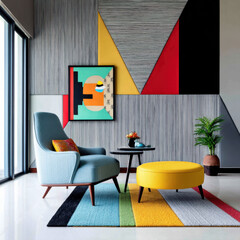 Modern Living Room with Teal Armchair and Yellow Ottoman