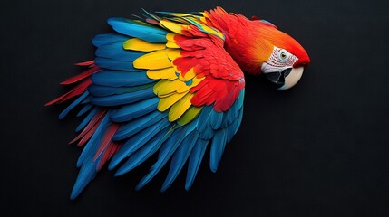 Fototapeta premium Multicolored parrot on black surface with head on wing