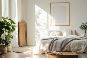 Spacious Bedroom Interior with Sunlit Wooden Tray on Cozy Bed and Artistic Poster