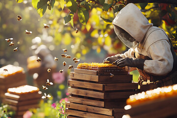 Beekeeper tending hives in golden sunlight with floating pollen and lush green foliage