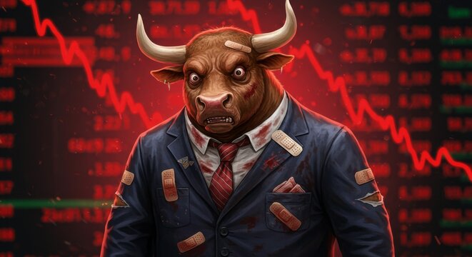 Illustration of a sad, bruised bull in a business suit, symbolizing a market downturn or financial crash. The bull has tears, bandages, and visible injuries, standing in front of a red stock market ch