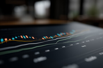 An abstract digital composition featuring layered financial chart elements such as glowing candlestick patterns, smooth curved line graphs, and faint grid overlays