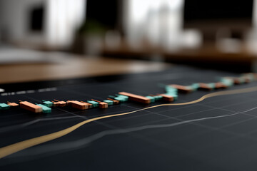 An abstract digital composition featuring layered financial chart elements such as glowing candlestick patterns, smooth curved line graphs, and faint grid overlays