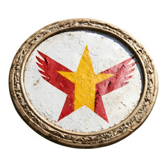 Circular badge with a stylized red and yellow star design