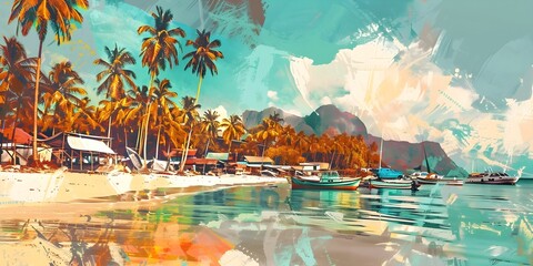 Hand Drawn Coastal Scene with Palm Trees
