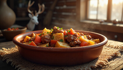  hunter's stew served in an earthenware bowl, rustic cabin interior with wooden beams, late afternoon winter sun streaming through the window
