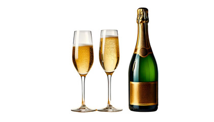 champagne bottle and glasses on white background