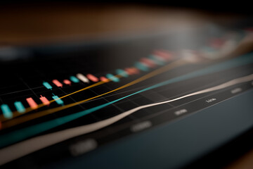 An abstract digital composition featuring layered financial chart elements such as glowing candlestick patterns, smooth curved line graphs, and faint grid overlays