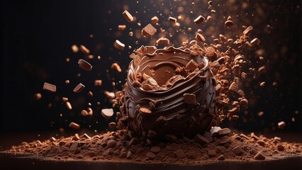 Chunks of milk chocolate and cocoa powder explode against a dark background