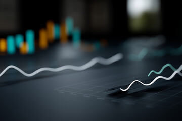 An abstract digital composition featuring layered financial chart elements such as glowing candlestick patterns, smooth curved line graphs, and faint grid overlays