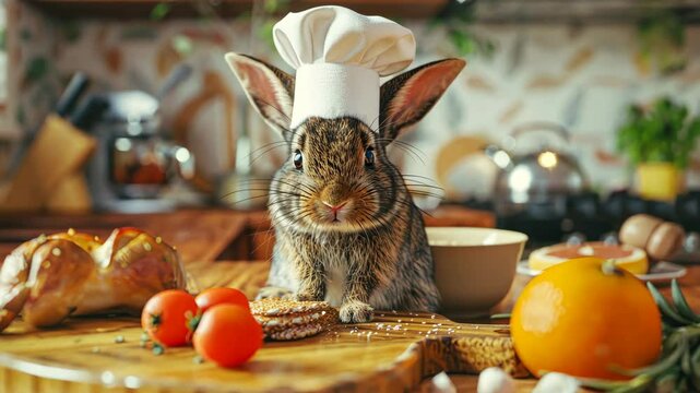 Rabbit wearing a chef's hat is standing on a wooden table with food on it