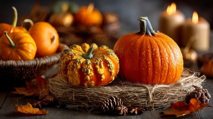 Decorative Pumpkins and Gourds with Autumn Leaves for Thanksgiving Display