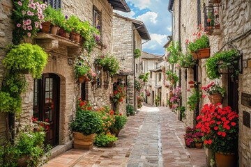 Obraz premium Charming Italian Village: Vibrant Streets of Assisi Adorned with Stone Buildings and Flowering Geraniums