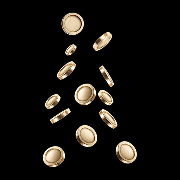 Falling gold coins isolated black background