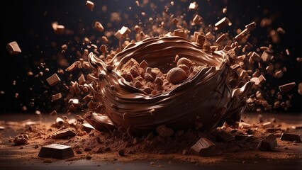 Chunks of milk chocolate and cocoa powder explode against a dark background