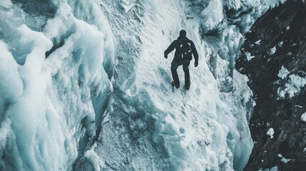 Climber ascends icy mountain slope, glacier backdrop, adventure photography