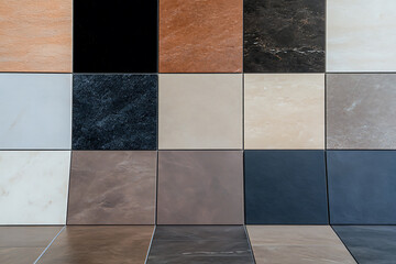 Assortment of tiles in various colors and textures. A showcase of surface materials for interior design and construction with a range of finishes and styles.