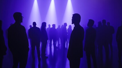 Silhouetted figures in a dimly lit space, illuminated by spotlights.