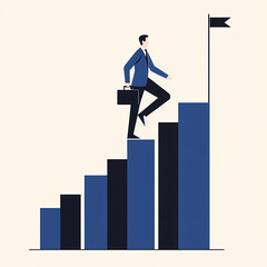 Businessman walking up bar graph steps towards flag