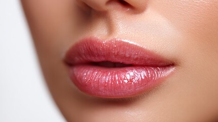Fototapeta premium Woman Applying Glossy Pink Lipstick for Makeup Beauty Style Concept