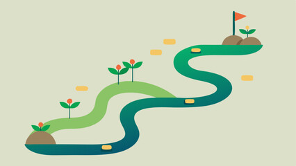 Growth Journey A winding path with milestones marked by small plants at different stages of growth illustrating that progress is a journey with ups and downs rather than a straight