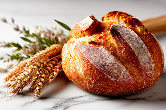traditional round Catalan Pa de Pagès bread on white marble surface, wheat stalks arranged alongside - Powered by Adobe