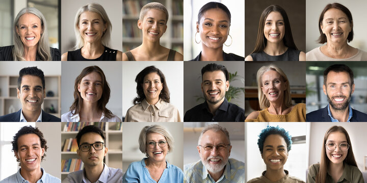 Diverse people smile, look at camera, collage faces view. Group of young and older, multinational men and women posing for cam on different backgrounds, exuding professionalism, success and happiness