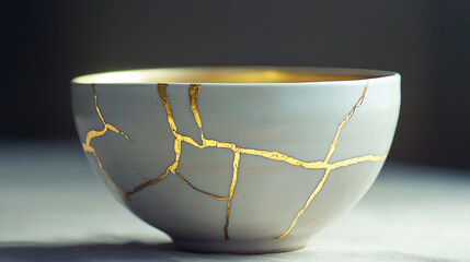 Cracked ceramic bowl with golden repair lines kintsugi