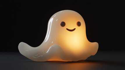 Cheerful Glowing Ghost Character - Playful Halloween Spirit, Digital Art, 3D Render, Happy Expression, Festive Holiday Decoration, Light Effect