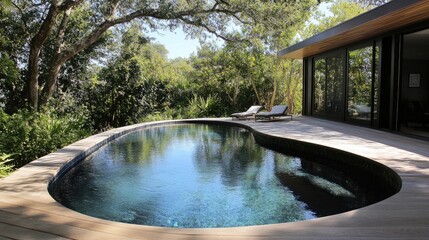 Modern Backyard Oasis with Infinity Pool and Lush Greenery Surrounded by Trees and Relaxing Lounge Chairs