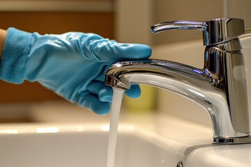 Pristine Faucet in Sparkling Bathroom: Woman Cleaning with Gloves for a Fresh Home Experience