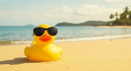Obraz premium A yellow rubber duck wearing black sunglasses is sitting on a sandy beach. The background shows a clear blue sea, a green coastline, and a partly cloudy sky, indicating a summer vacation setting.