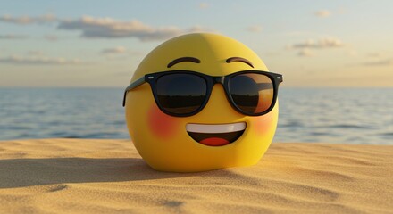 A yellow smiling emoji with pink cheeks and black sunglasses is situated on a sandy beach. The background shows a light blue sea and sky with scattered clouds, under daylight.