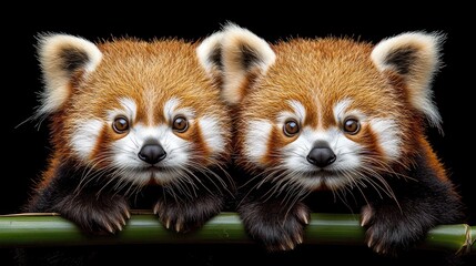 Two red pandas on bamboo