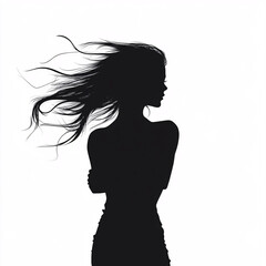 Black Silhouette of Confident Woman with Windblown Hair on White Background