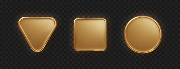 Golden plate button shape with frame. Realistic isolated design element, golden glossy label. Realistic 3D design.