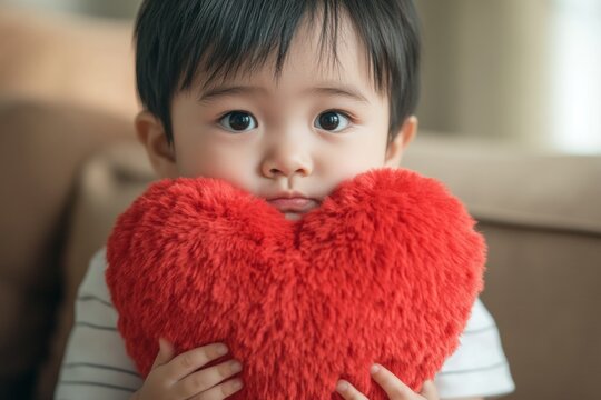 Valentine's day greeting and funny gift. Serious face cute asian toddler boy with big fluffy heart in hands. Cute baby laughing with heart. Valentine&acirc;&euro;&trade;s day fun for kids. Family love moment.