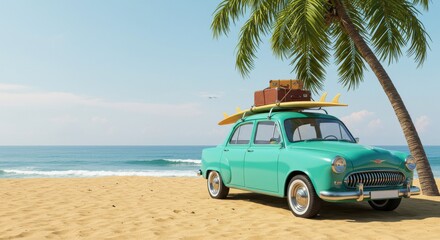 Turquoise car with surfboard and luggage on top parked on a beach near a palm tree in summer