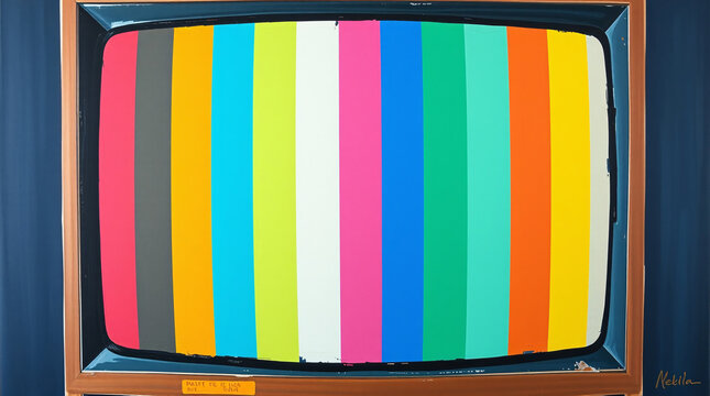 Vintage TV test pattern with colorful bars on a retro screen, evoking nostalgic broadcasting.