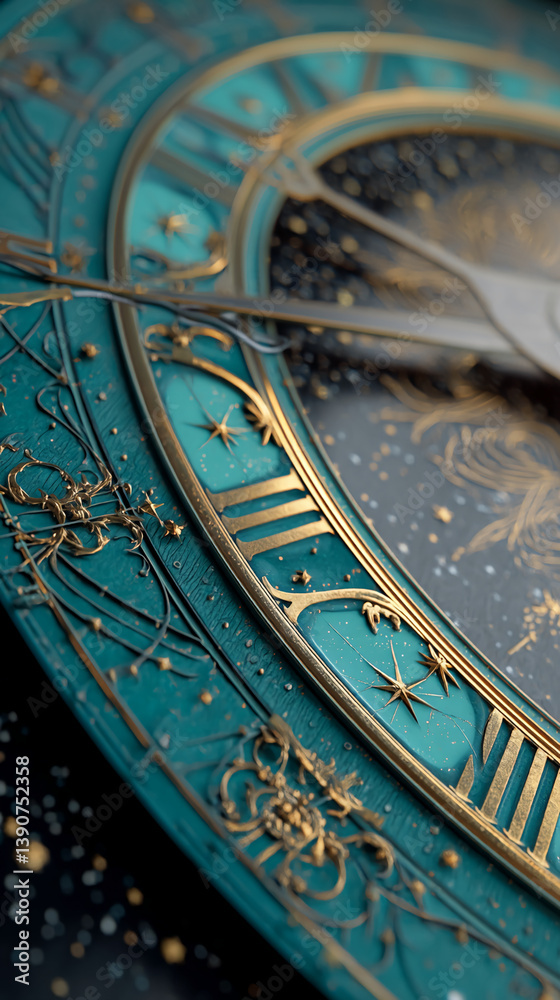 Poster close-up of ornate teal clock face with gold detailing, showcasing intricate design and craftsmanshi